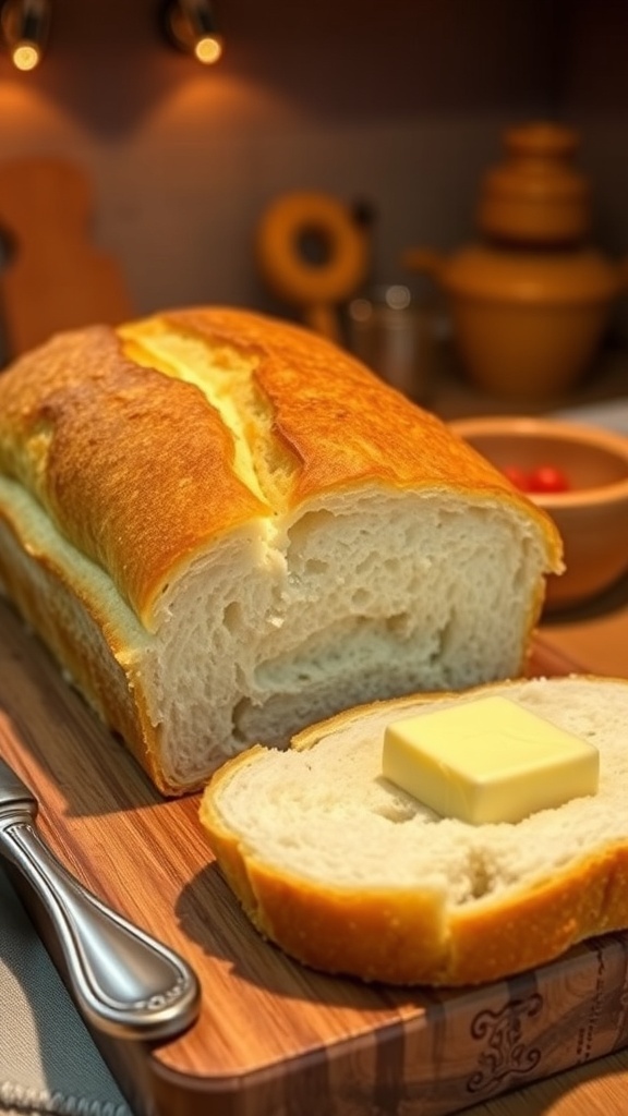 Easy Self-Rising Flour Bread Recipe A golden brown loaf of self-rising flour bread sliced on a wooden board with butter.
